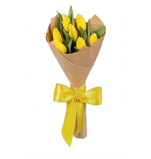 Kraft Kağıda Sarılı Sarı Kurdeleli Sarı Lale Buketi (7'li - ~40 cm)